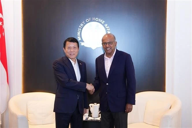 Le ministre vietnamien de la Sécurité publique Luong Tam Quang (à gauche) et le ministre singapourien de l’Intérieur, K. Shanmugam se serrent la main, à Singapour, le 13 mars. Photo: VNA 