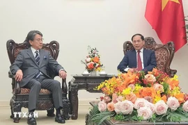 Le vice-Premier ministre et ministre des Affaires étrangères Bui Thanh Son (droite) reçoit le président du conseil d'administration de la Banque japonaise pour la coopération internationale (JBIC), Maeda Tadashi. Photo: VNA